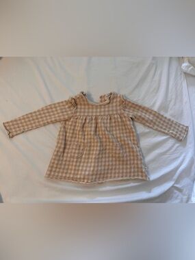Beige Gingham Long-Sleeve Ruffle Baby Top